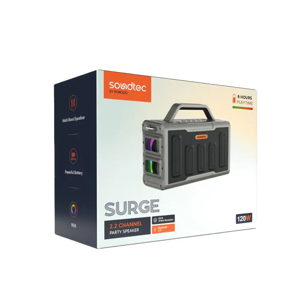 Porodo Soundtec Surge 2.2 Channel Party Speaker 100W, 120W Peak, Bluetooth 5.0, RGB Lights & Power Bank, Black