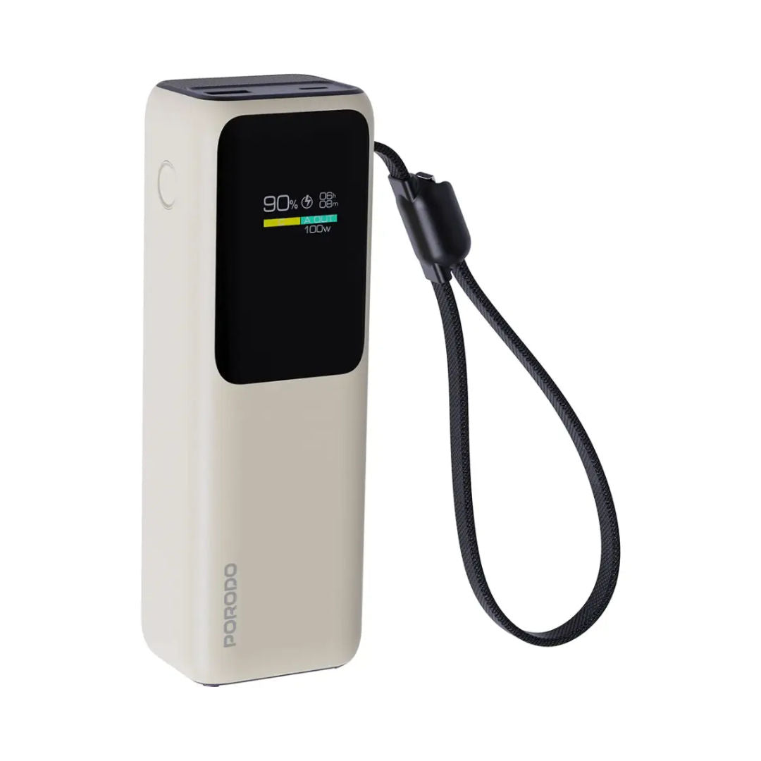 Porodo Smart Display Power Bank 20000mAh with Built-In Type-C Cable, PD Fast Charging, Beige
