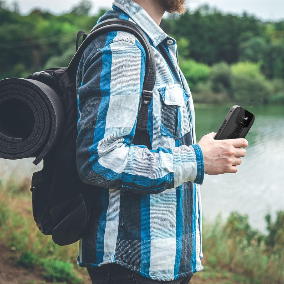 Powerology 11200mAh Jump Starter with Air Compressor, Power Bank & LED Light, 1200A Peak, USB-C Fast Charging