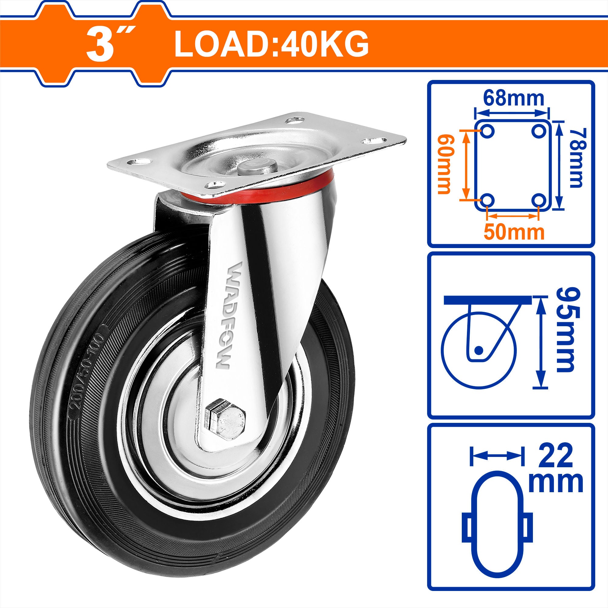 WADFOW Heavy, Duty Caster Wheels, Rigid / Swivel / Swivel with Brake, Steel & Rubber