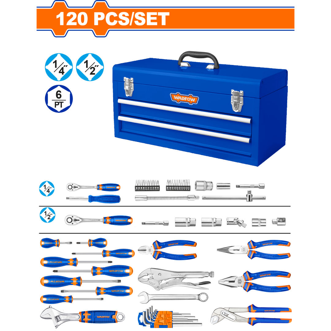 WADFOW 120 Pieces Tool Chest Set, Compact Metal Chest with 1/2" & 1/4" Socket Kits, Spanners, Pliers & Drivers