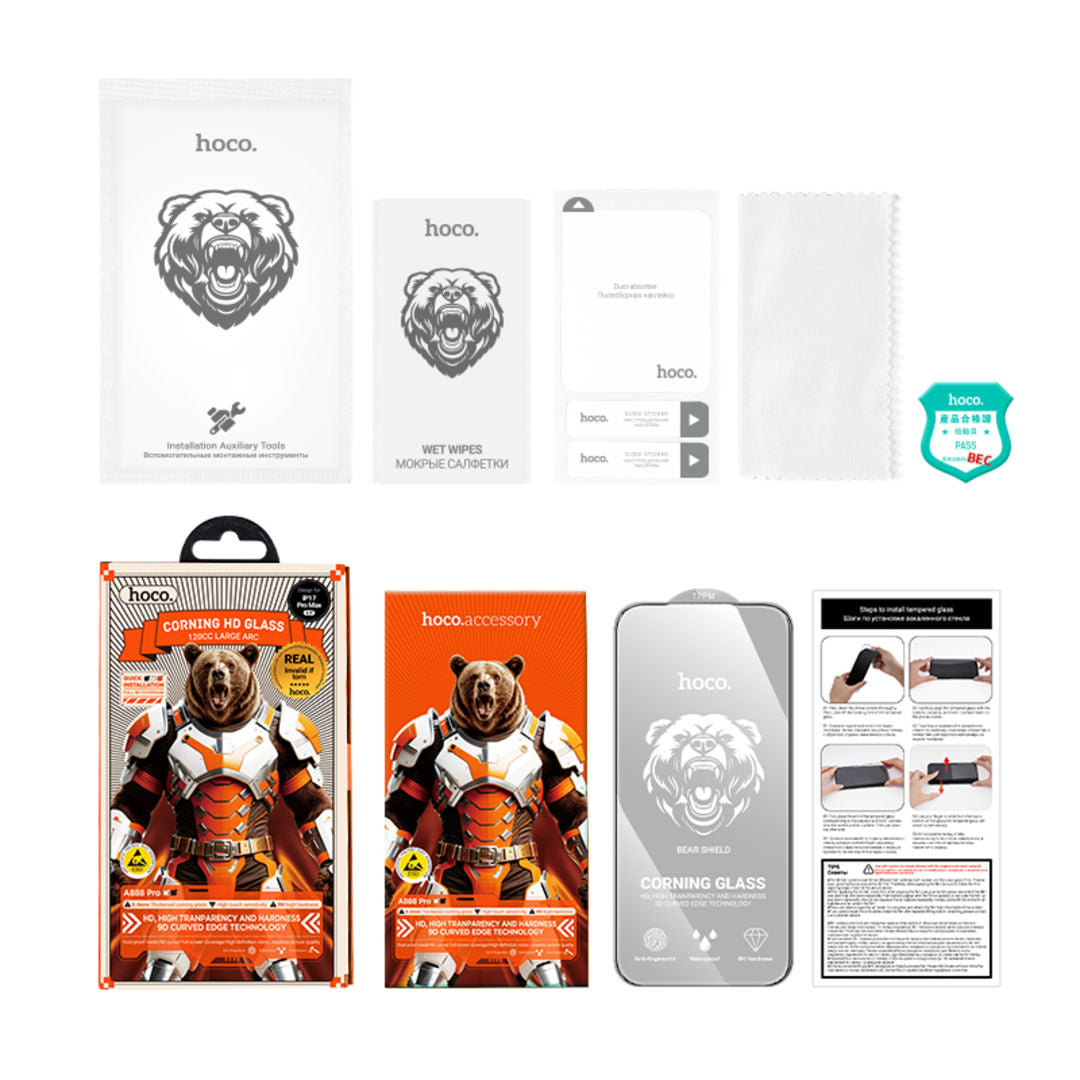Hoco A888 Pro Bear Shield Series Corning Full Screen HD Tempered Glass for iPhone 18 Pro Max, iPhone 17 Pro Max, Corning Glass, Full Screen Coverage
