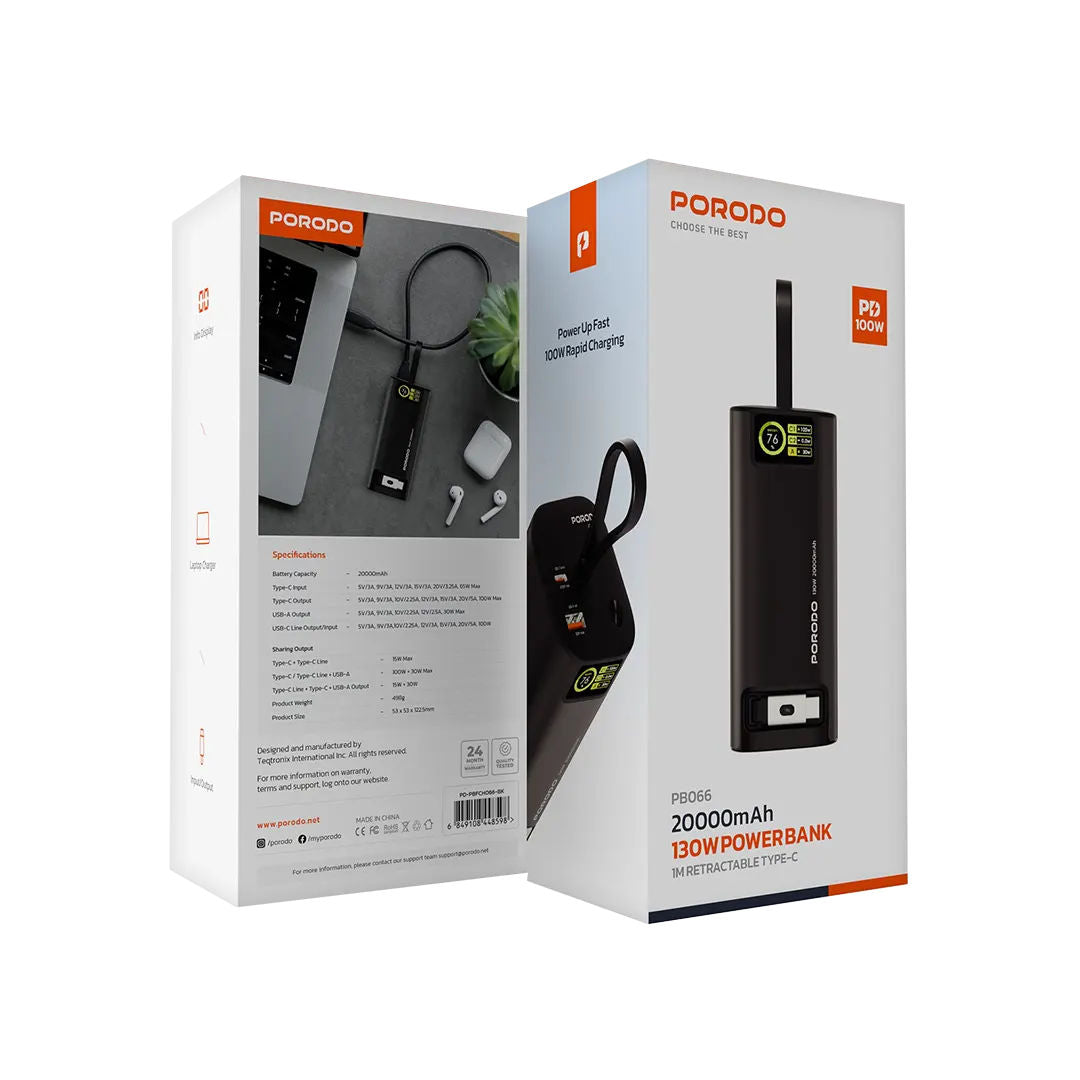 Porodo 20000mAh 130W Power Bank with 1m Retractable Type-C Cable, 100W PD Fast Charging, Black