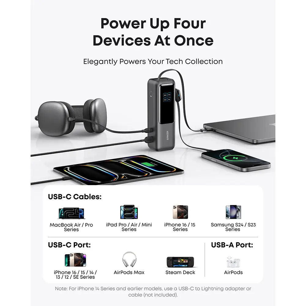 شاحن محمول Anker Zolo بسعة 25,000 مللي أمبير في الساعة و165 واط، مزود بثلاثة منافذ USB-C وكابلات مدمجة، وشحن سريع، A1695H11