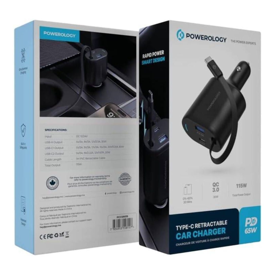 Powerology Type-C Retractable Car Charger 103W, Black