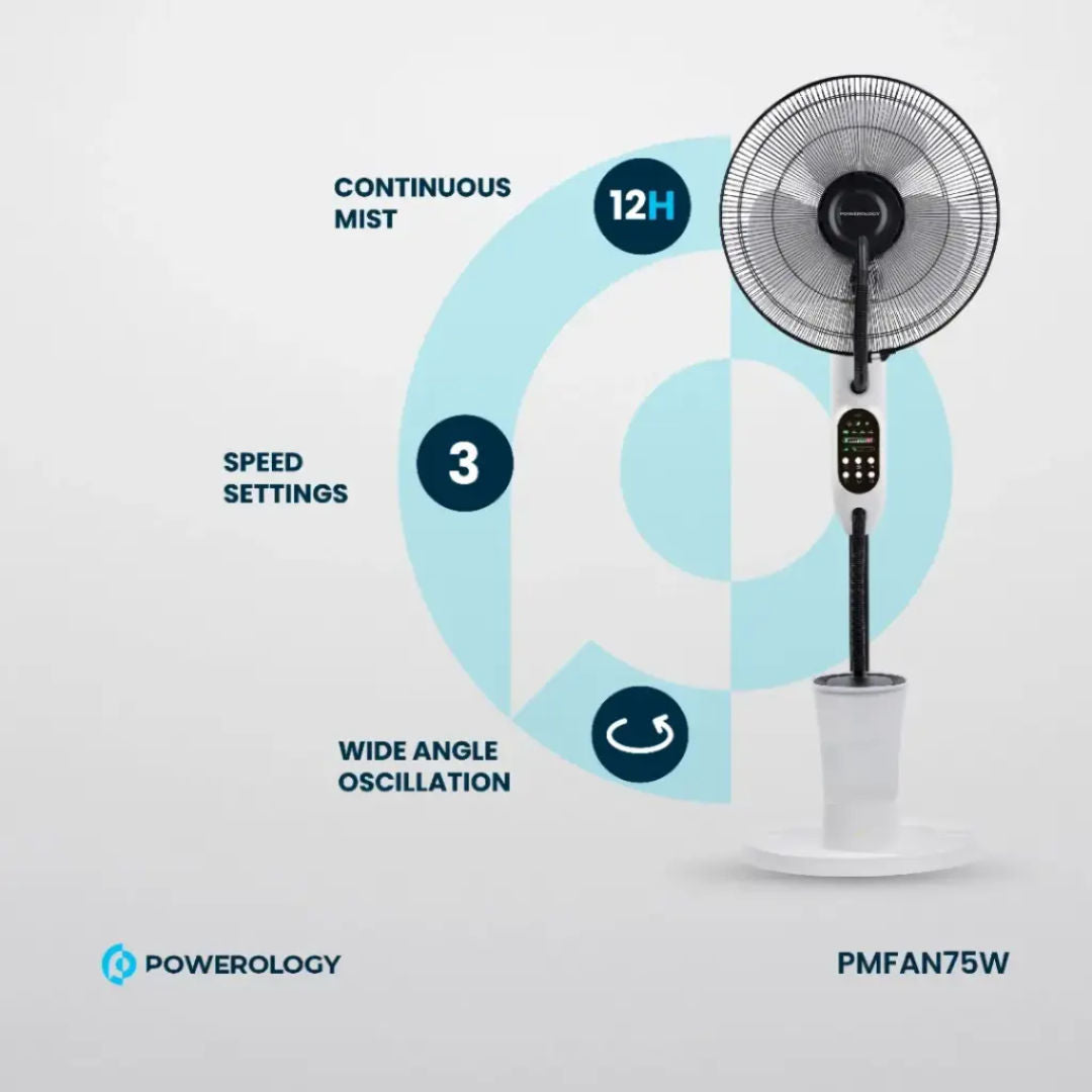 Powerology Tilt & Oscillating Fan Mist Spray & Humidifier, Black
