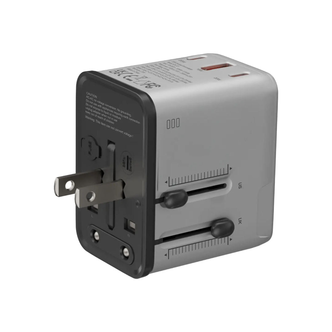 Porodo Mega Volt Universal Travel Adapter, 20W USB-C + USB-A, EU/UK/US Plugs, Silver/Black