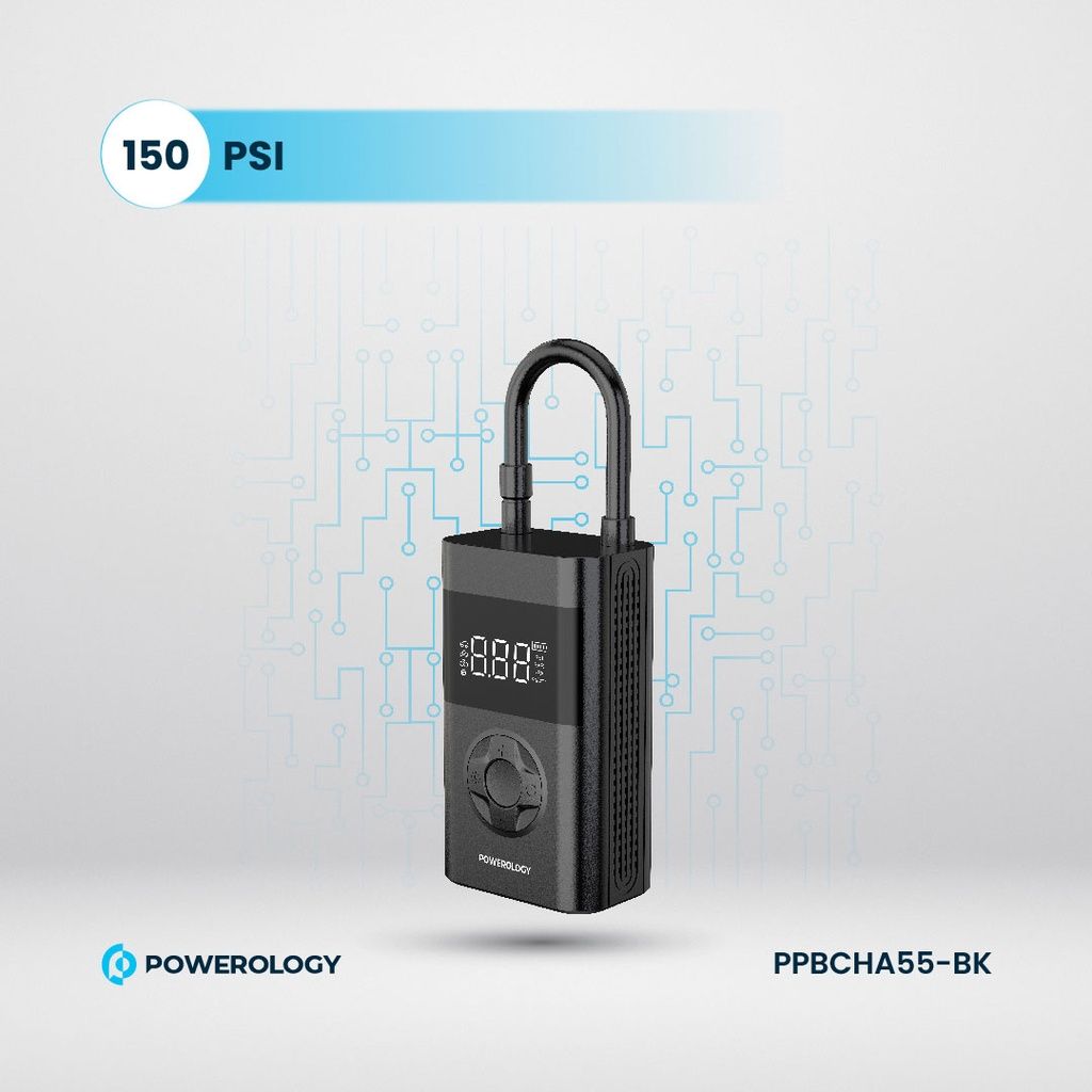 Powerology Ultra Portable Air Compressor Power Bank 4000mAh, 150 PSI Tire Inflator with LED Light, Black