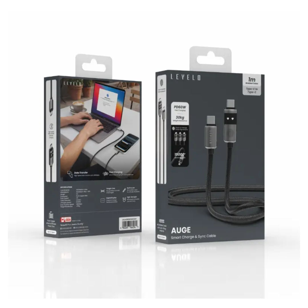 Levelo Auge Smart Charge & Sync Cable USB C To USB C, Gray