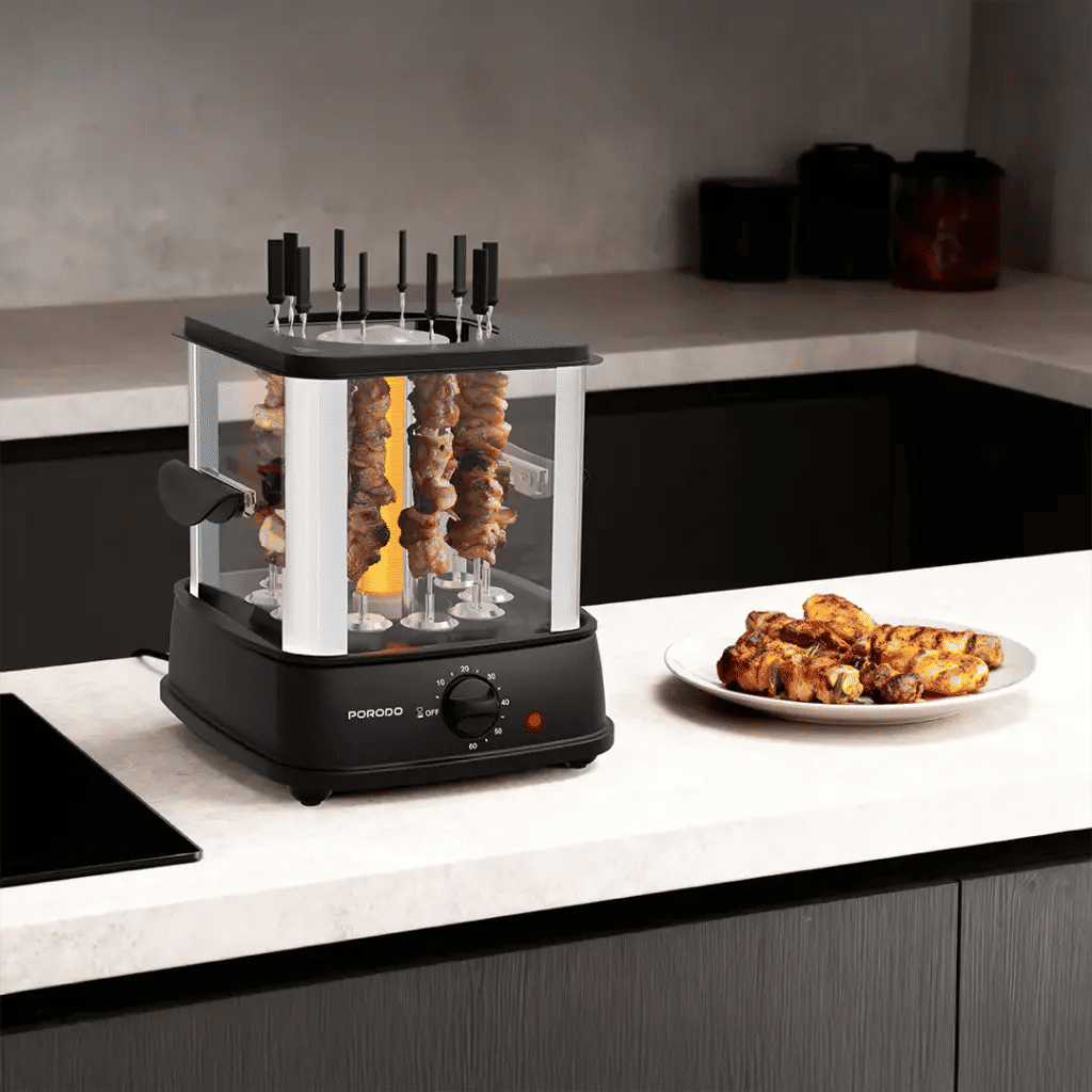 Porodo Lifestyle GrillJet Electric Rotisserie Kebab Grill with Auto-Rotating Skewers, Black