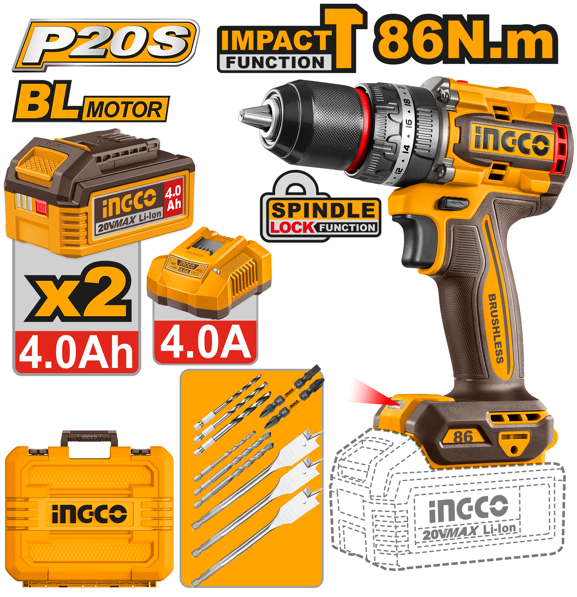 INGCO Cordless Impact Drill 20V 86Nm Brushless Dual Battery Kit
