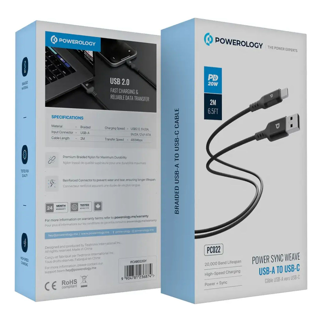 Powerology Power Sync Weave USB-A to USB-C, PD 20W, 2M, High-Speed Charging Cable, Gray