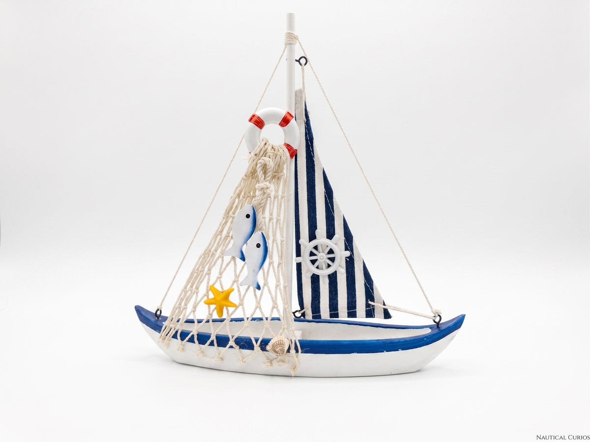 Handcrafted Wooden Model Sailboat – White & Navy Coastal Home Decor Display