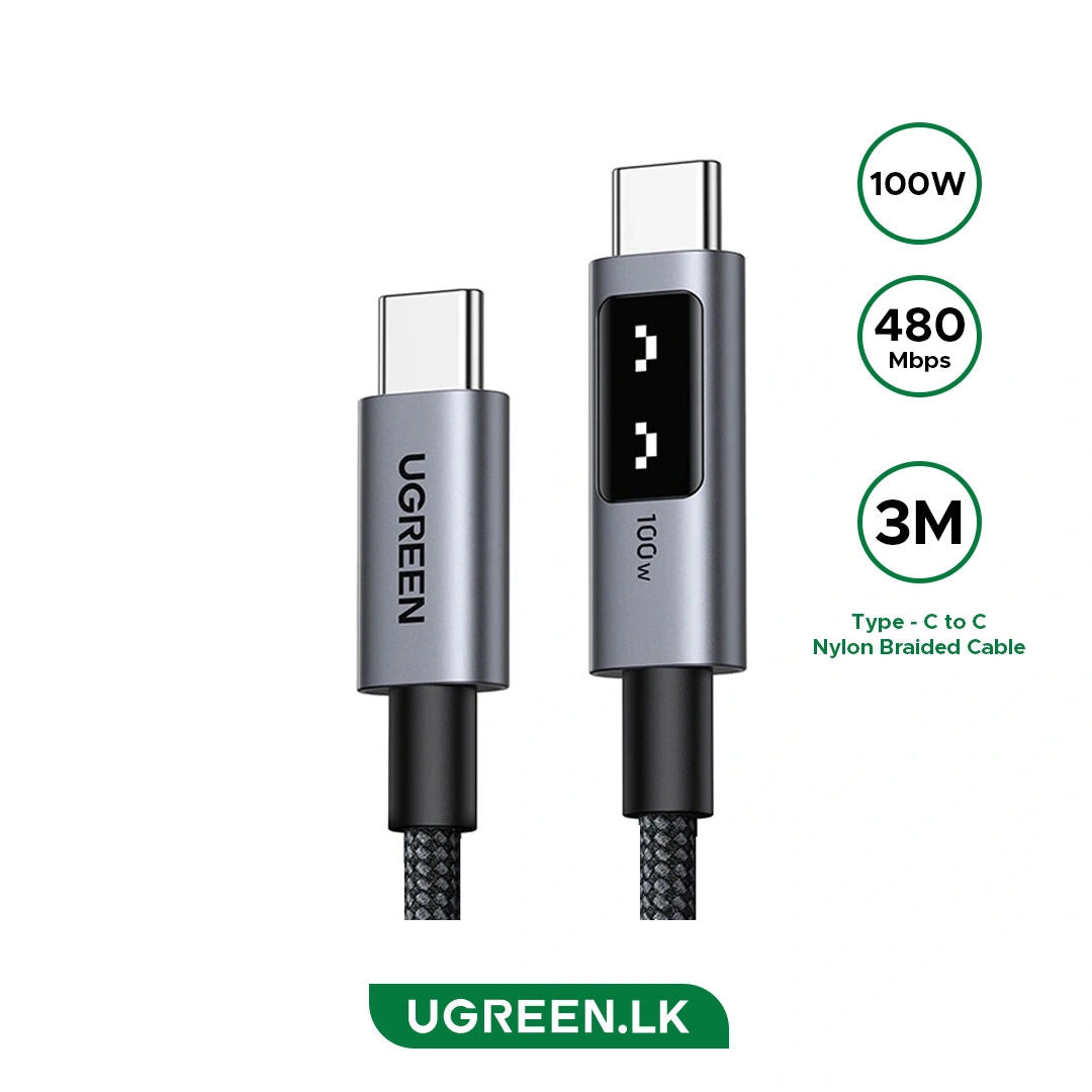 كابل UGREEN L509 Uno المضفر للشحن السريع عبر PD بقدرة 100 واط من USB-C إلى USB-C مزود بشاشة LED ذكية
