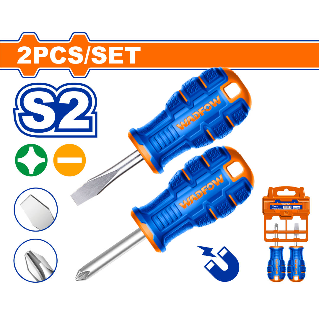 WADFOW 2 Pieces Stubby Screwdriver Set, S2 blades