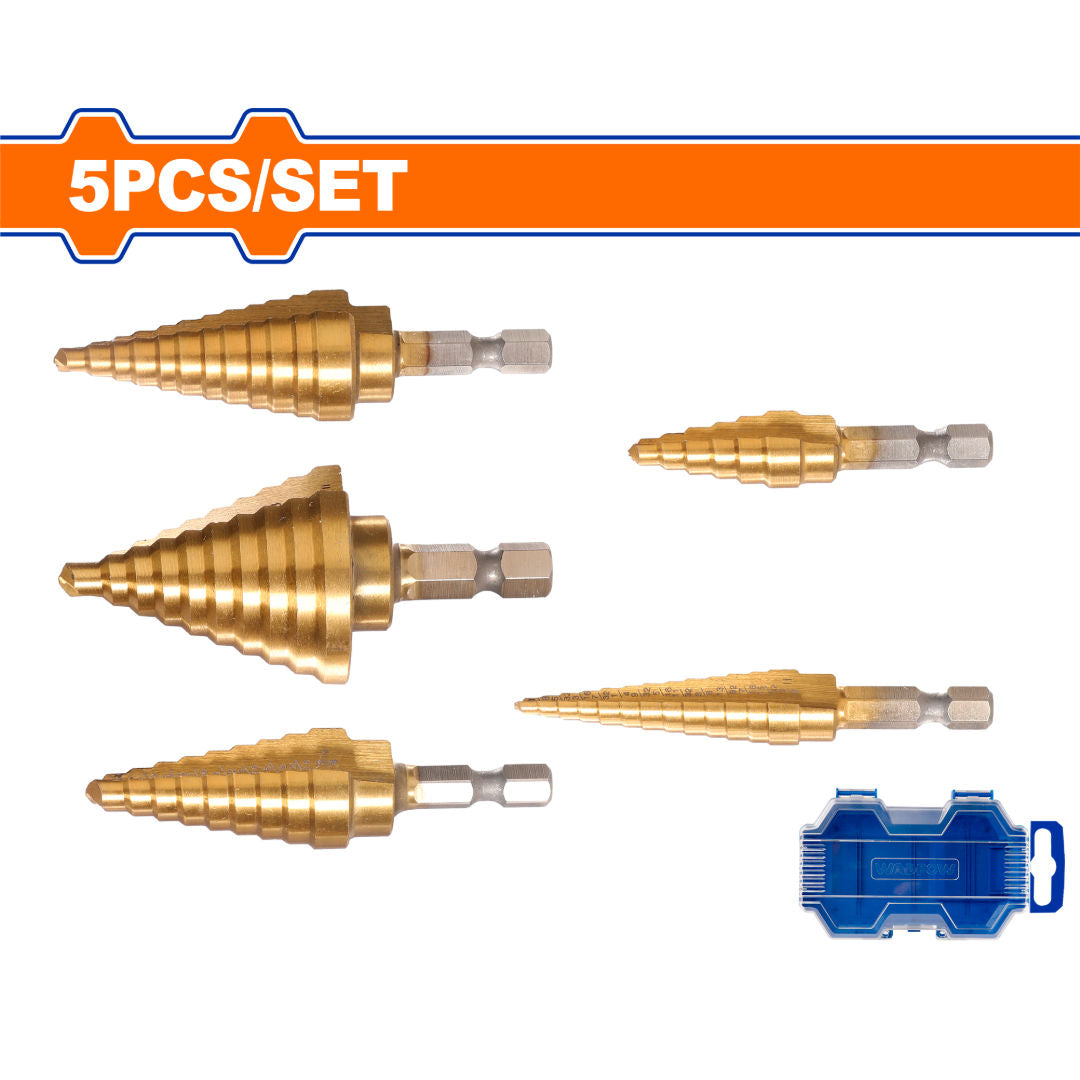 WADFOW 5-Piece Step Drill Bit Set, 4-35 mm Multi-Step Sizes, 1/4″ Hex & 8 mm Shank, Plastic Box