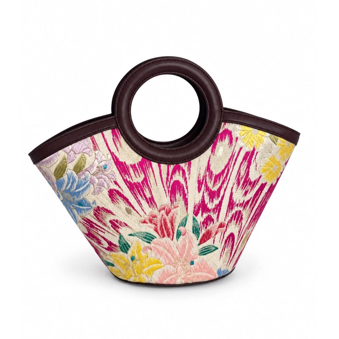 Jamila Designer Mulberry Silk Tote Bag, Floral Pattern with Round Handles, TOTEBUR-FLOWER02