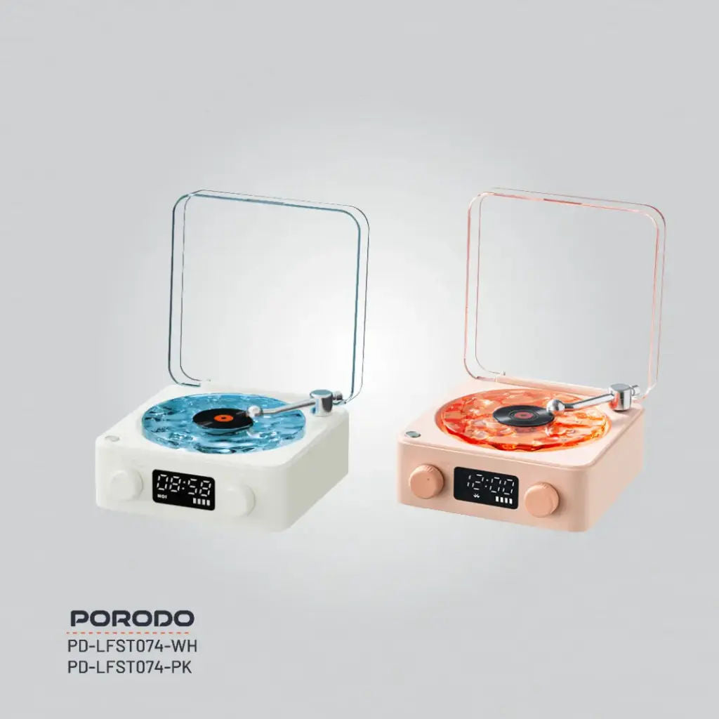 Porodo Lifestyle White Noise Portable Speaker with Clock Display, Ambient Light, Bluetooth 5.0, White