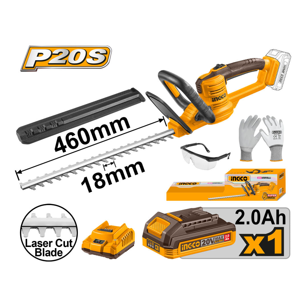INGCO 20V Cordless Hedge Trimmer Kit, 460 mm Blade, 2800 SPM, 18 mm Cut, Battery, Charger, Goggles & Gloves