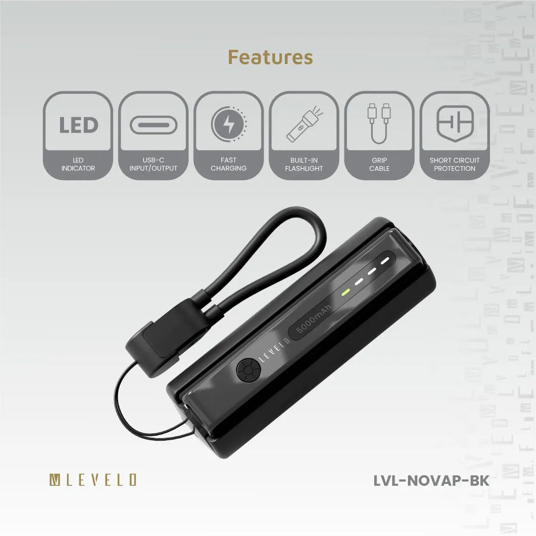 Levelo Nova Pro 5000mAh Power Bank with Flashlight, Fast Charging