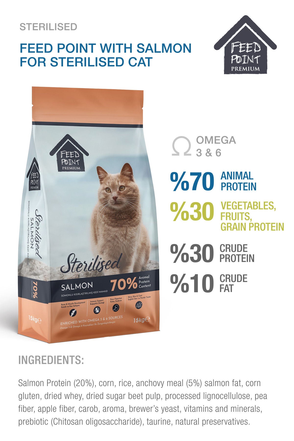 Feed Point Sterilised Adult Cat Food with Salmon & Rice, High Protein, Shiny Coat & Strong Immunity, 15kg
