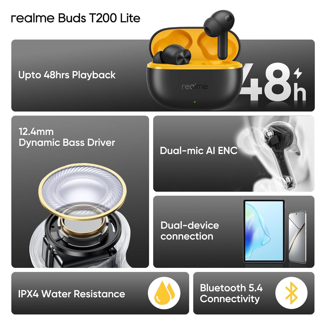 Realme Buds T200 Lite True Wireless Earbuds, 12.4mm Dynamic Bass Driver, AI Deep Call Noise Cancellation