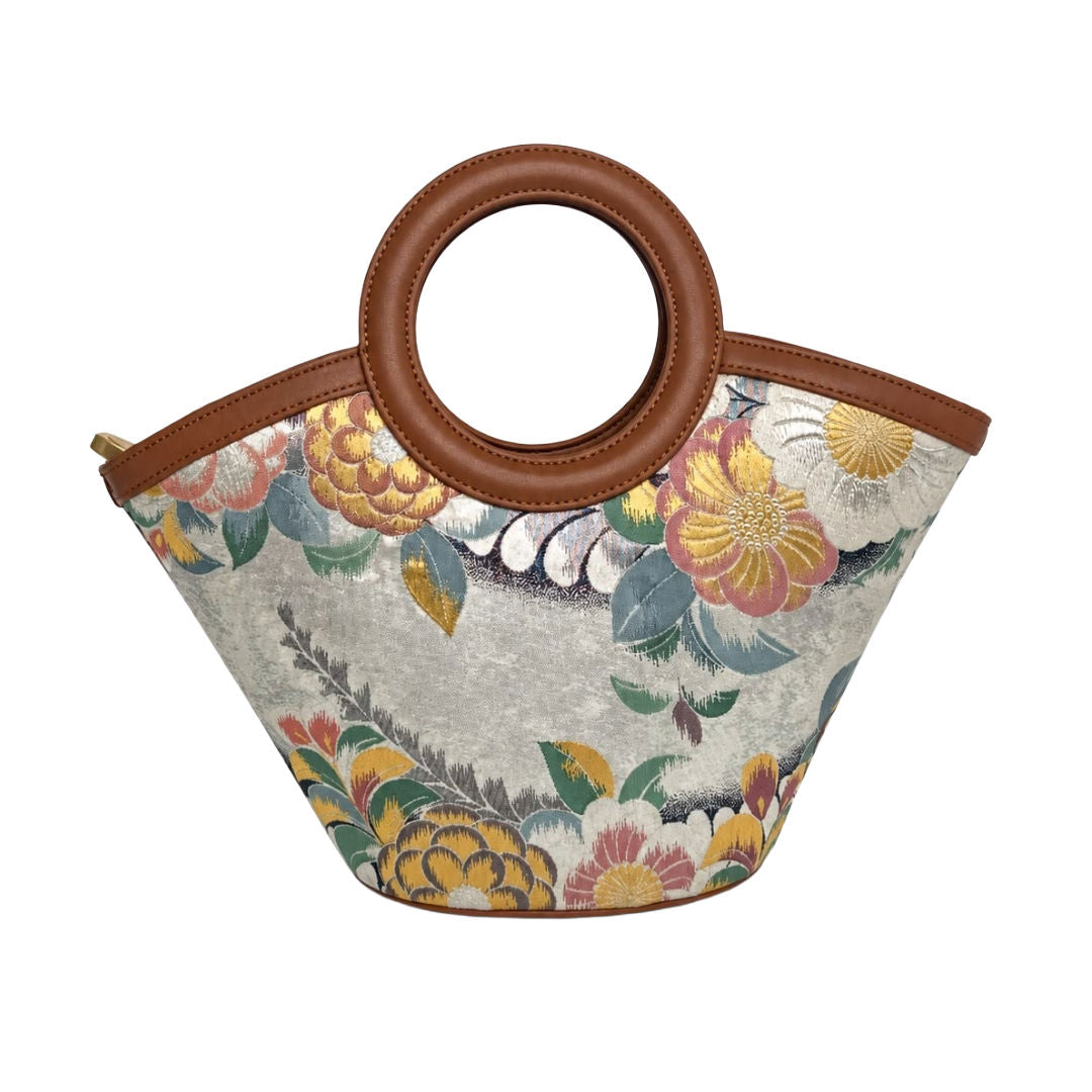 Jamila Designer Mulberry Silk Dark Grey Tote Bag, Floral Pattern with Round Handles