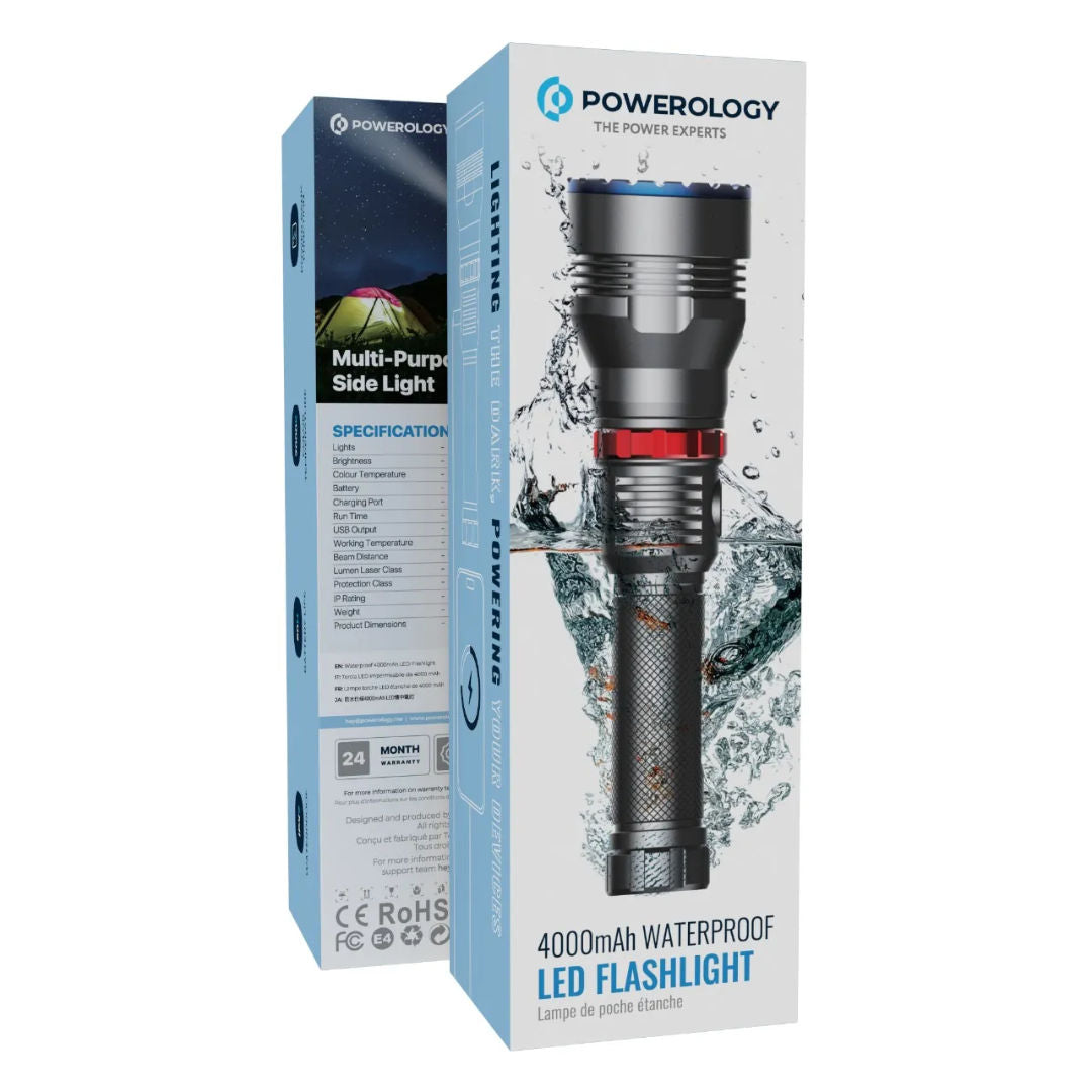 Powerology 4000mAh Waterproof LED Flashlight, Black