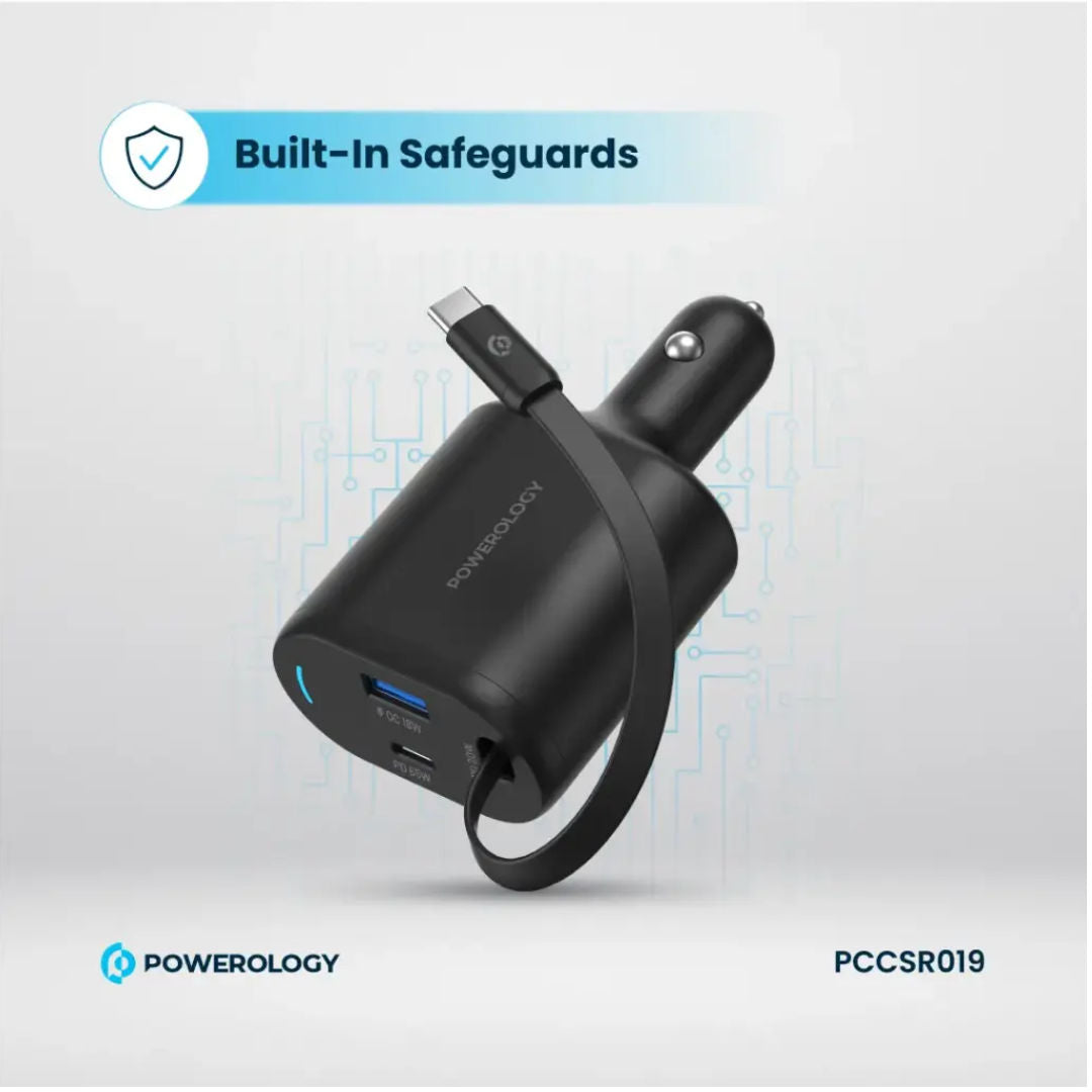 Powerology Type-C Retractable Car Charger 103W, Black