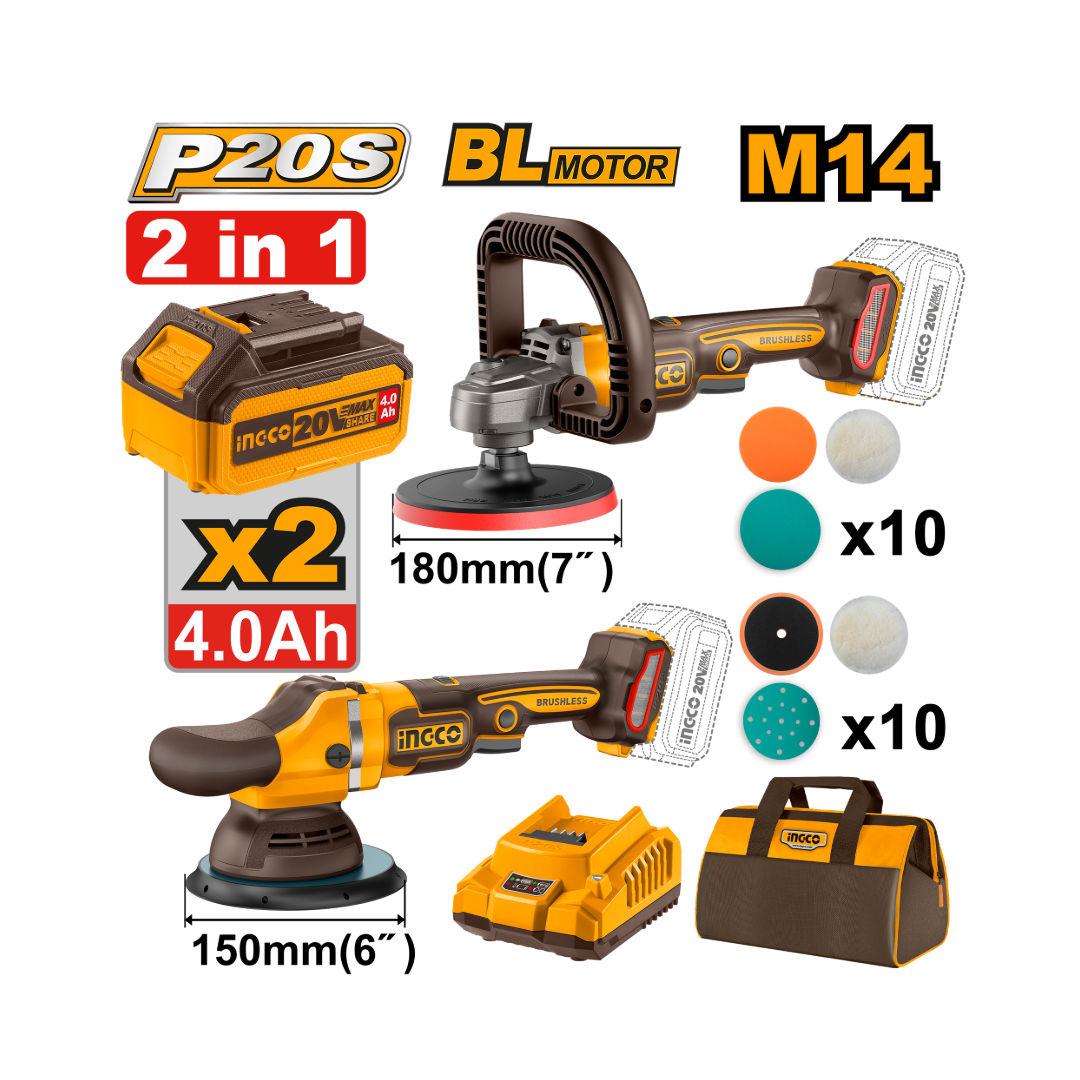 INGCO Dual Cordless Polisher Set 20V, Brushless Motor with 150mm & 180mm Pads, 4.0Ah Batteries