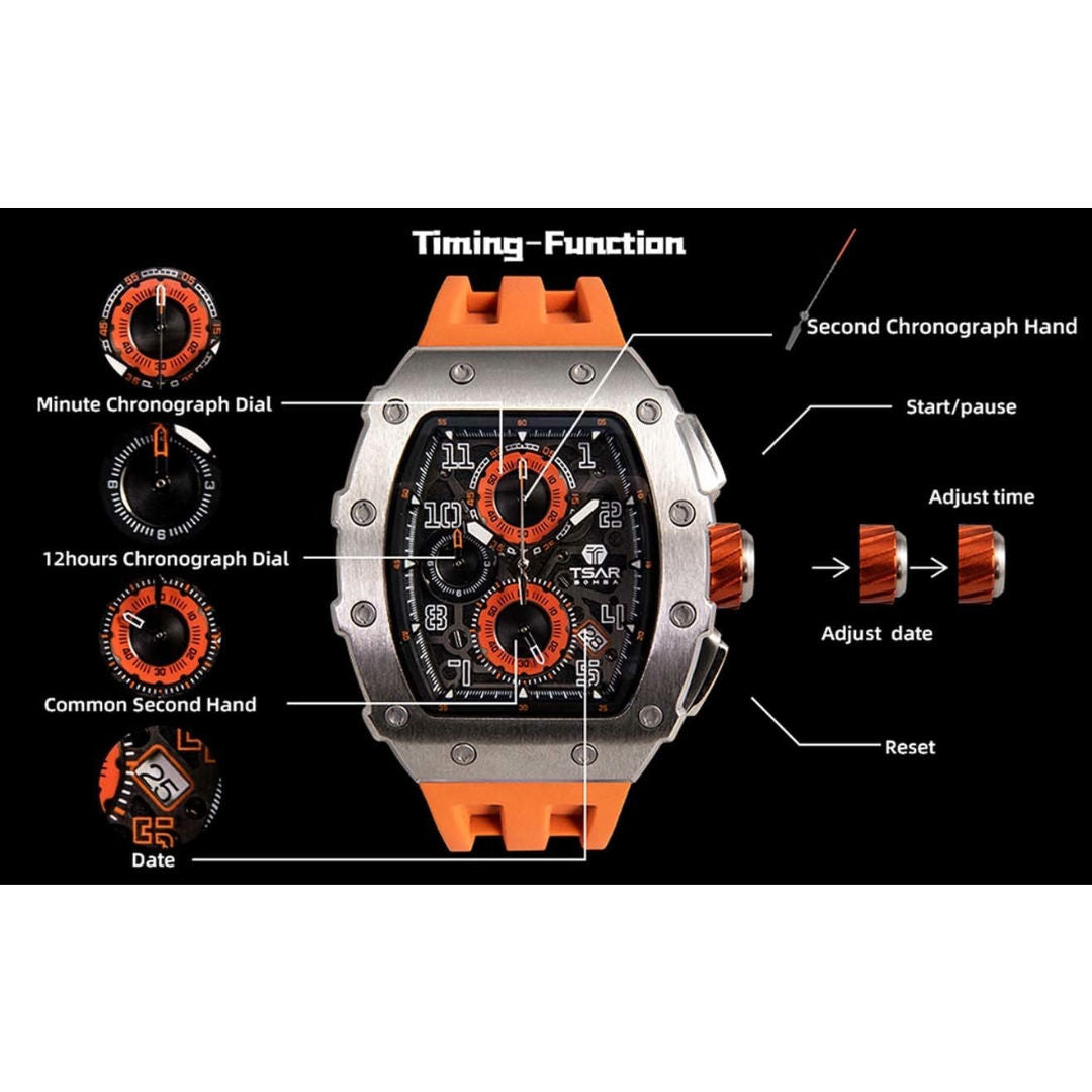 TSAR Bomba Men's Quartz Silver Case Orange Silicon Band Watch