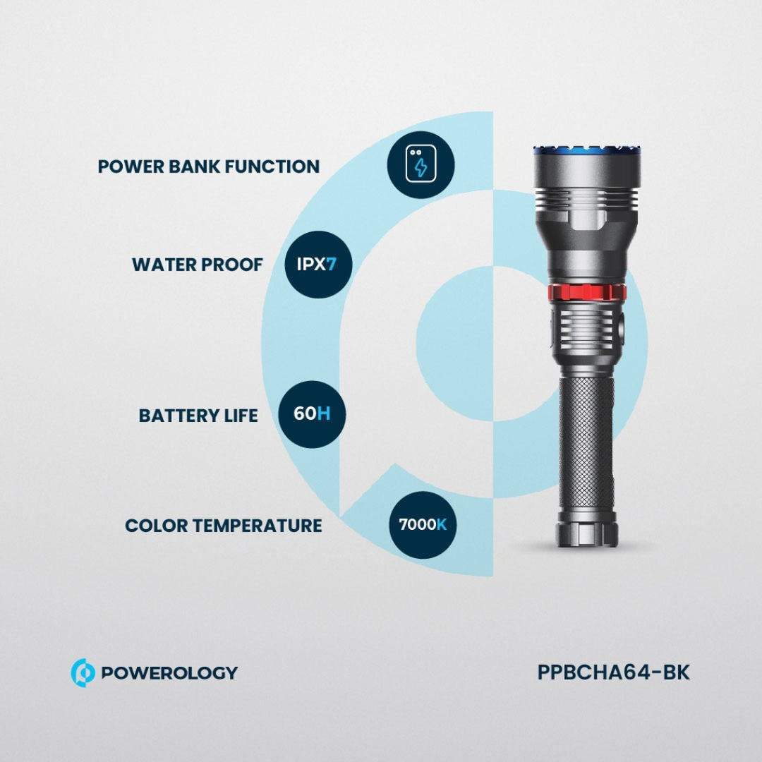 Powerology 4000mAh Waterproof LED Flashlight, Black
