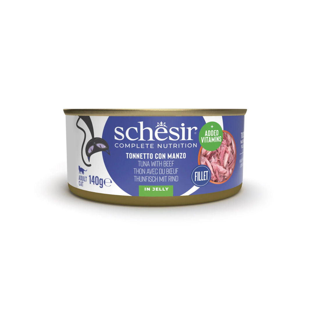 Schesir Complete & Balanced Nutrition Wet Cat Food in Jelly Can, Tuna with Beef, 140gm