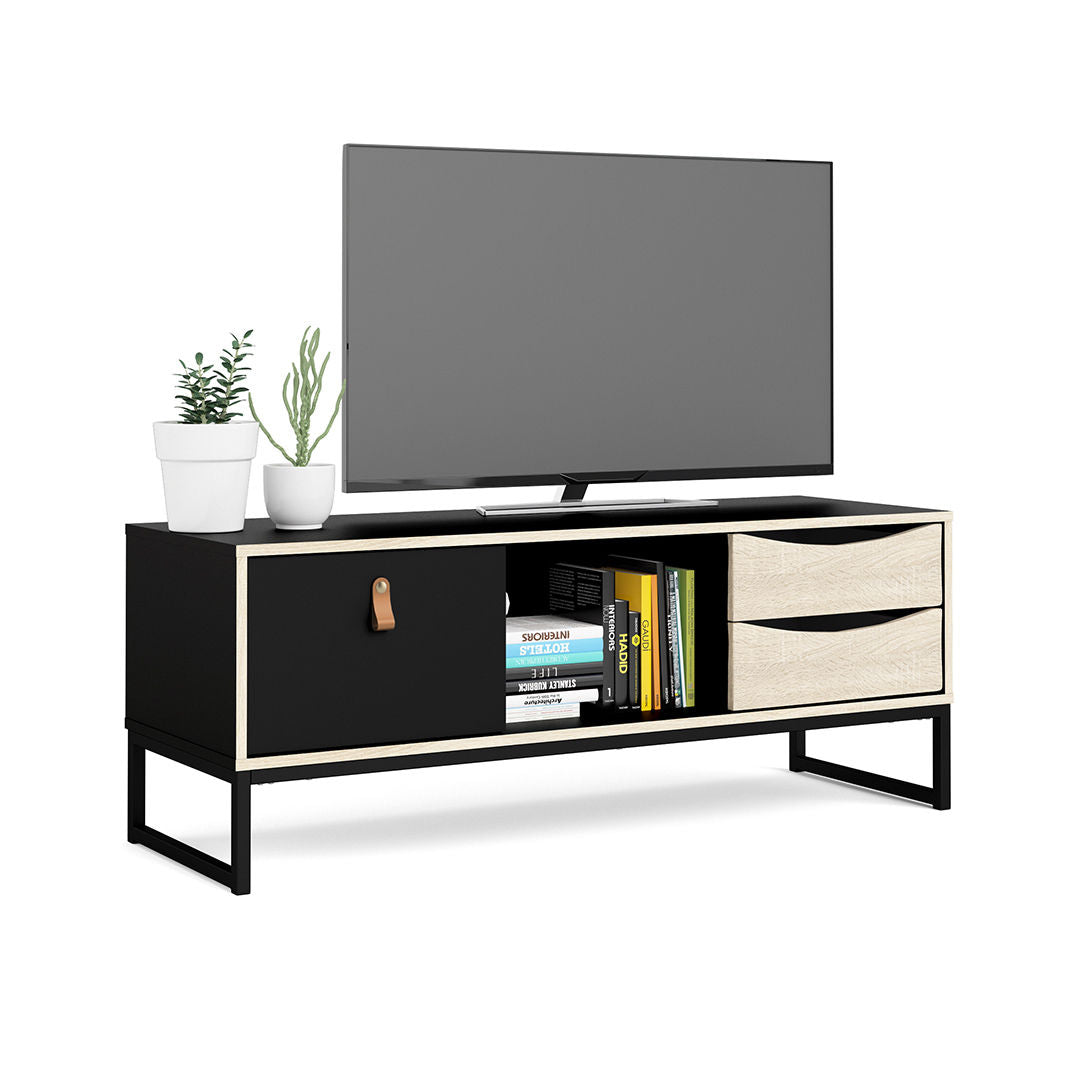Stubbe TV Unit, 3 Drawers, Matt Black With Oak Structure