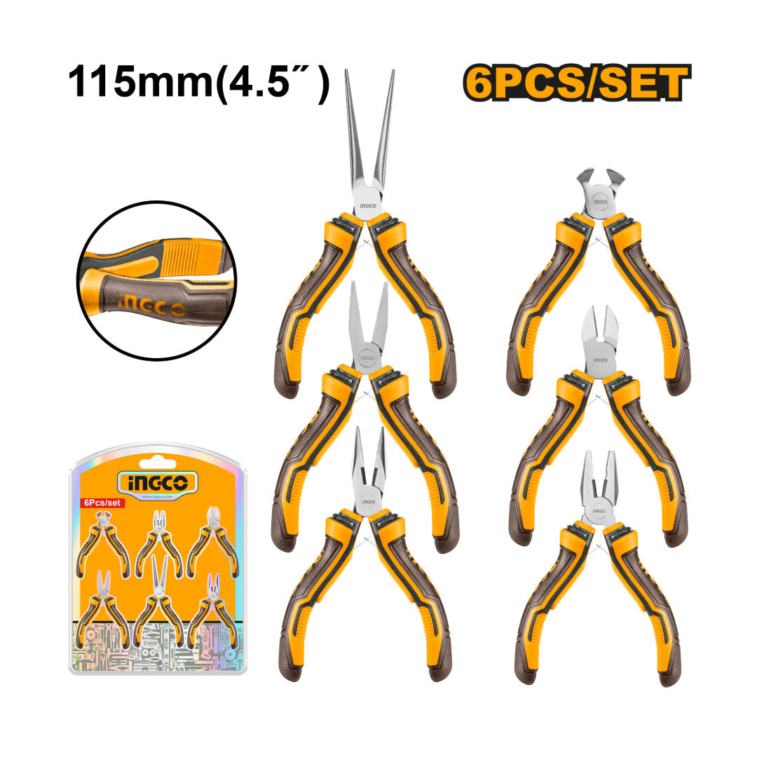 INGCO 6-Pcs Mini Pliers Set 4.5" Combo, Diagonal, End, Long, Flat, Needle Nose; Two-Color Handle