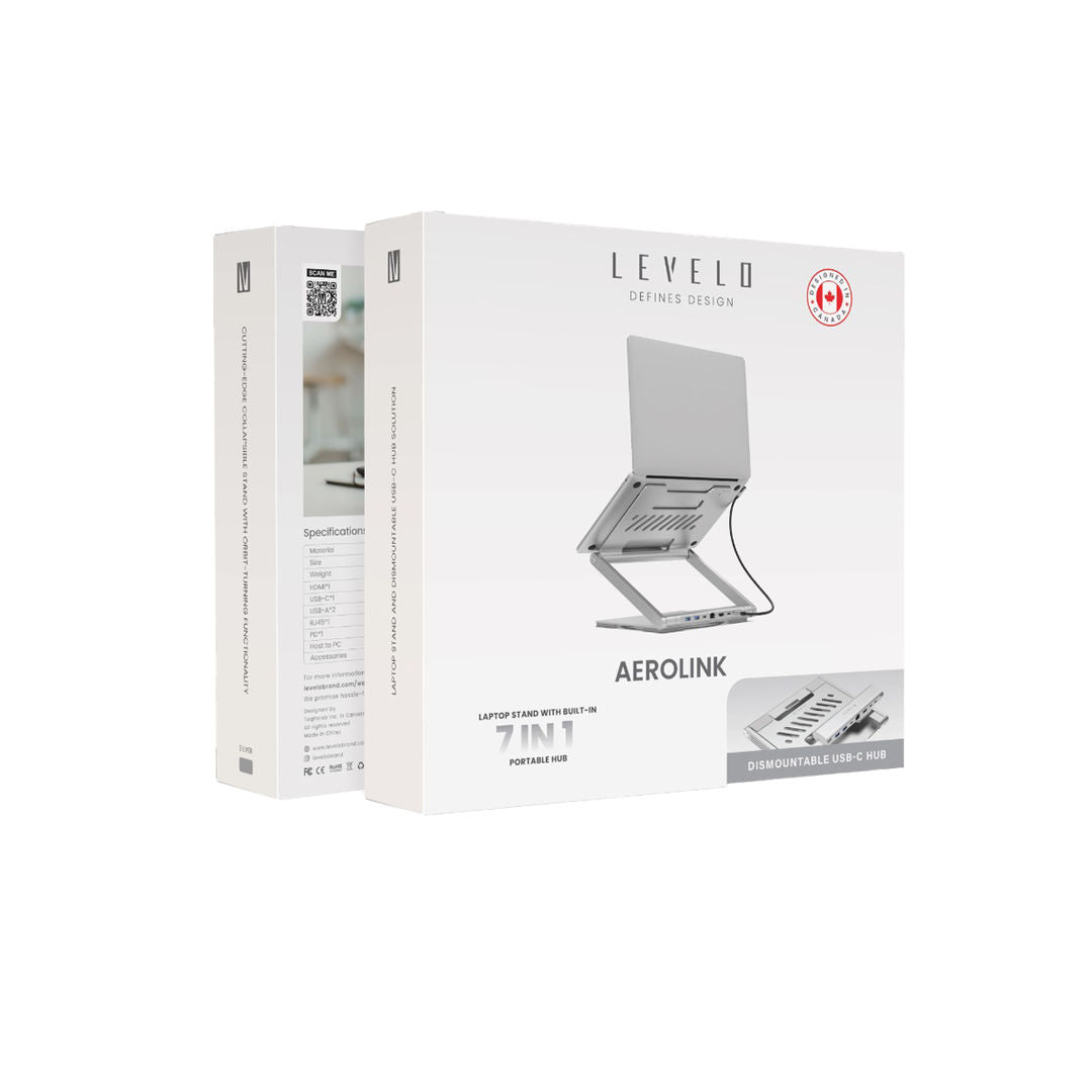 Levelo AeroLink Laptop Stand With Built, In Portable 7 In 1 Hub, Silver