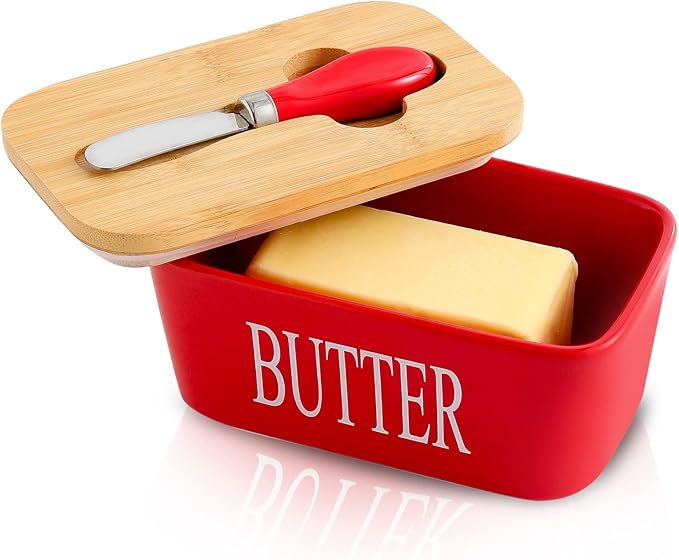 Modern Ceramic Butter Dish with Bamboo Lid & Spreader Set (Red)