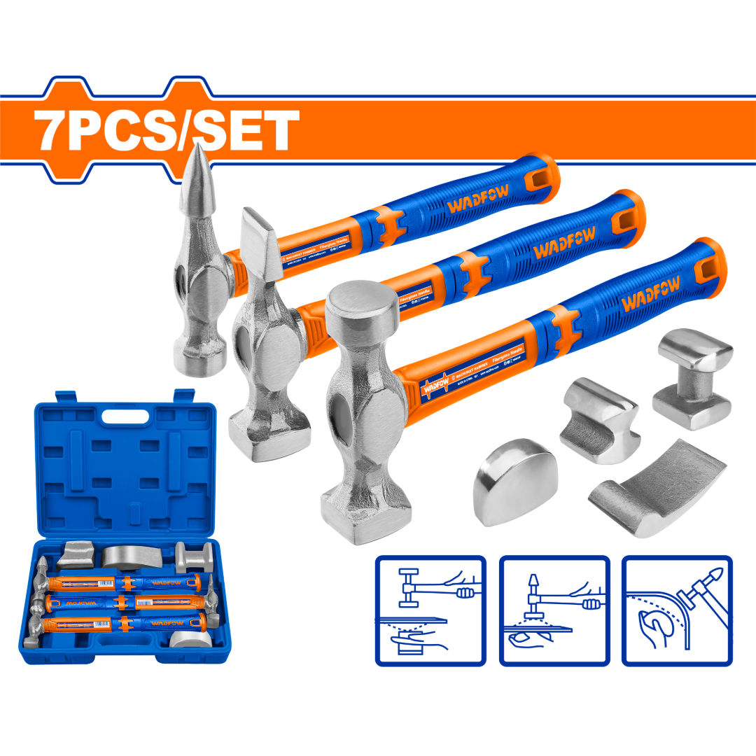 WADFOW 7 Piece Body & Fender Hammer Set, Fiberglass Handles, Carbon Steel Heads, Includes Dollies, BMC Case