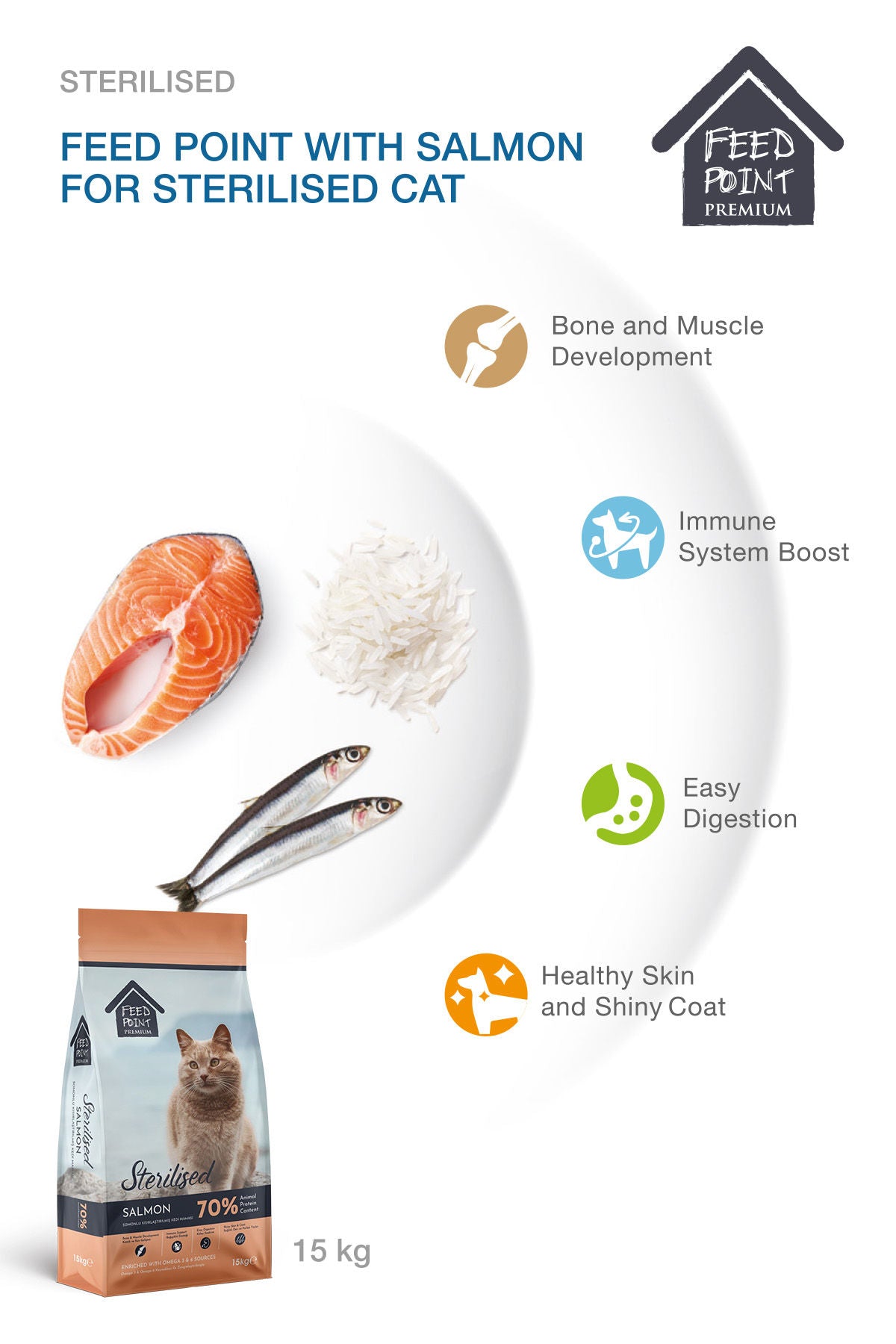Feed Point Sterilised Adult Cat Food with Salmon & Rice, High Protein, Shiny Coat & Strong Immunity, 15kg
