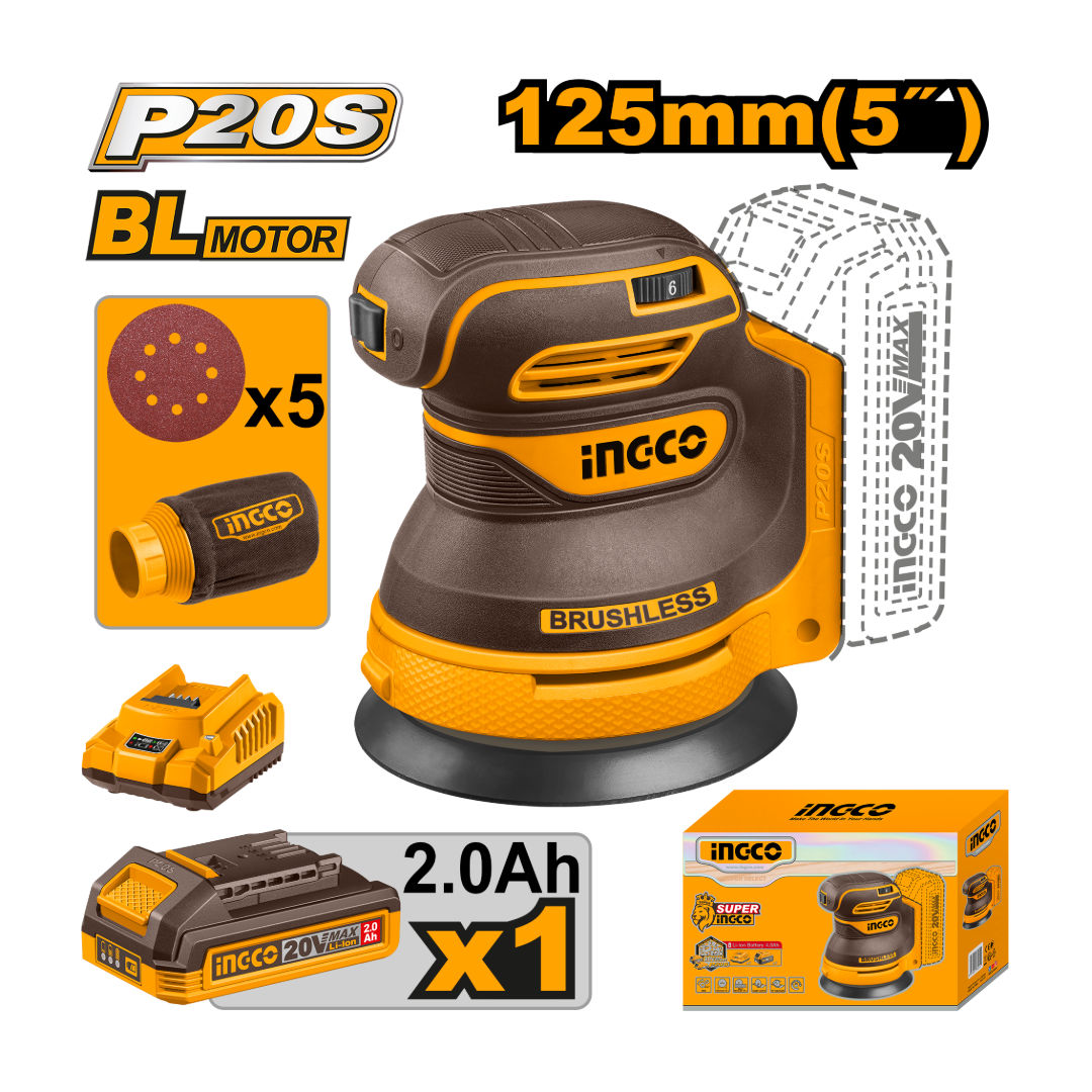 INGCO Cordless Random Orbit Sander, 20V