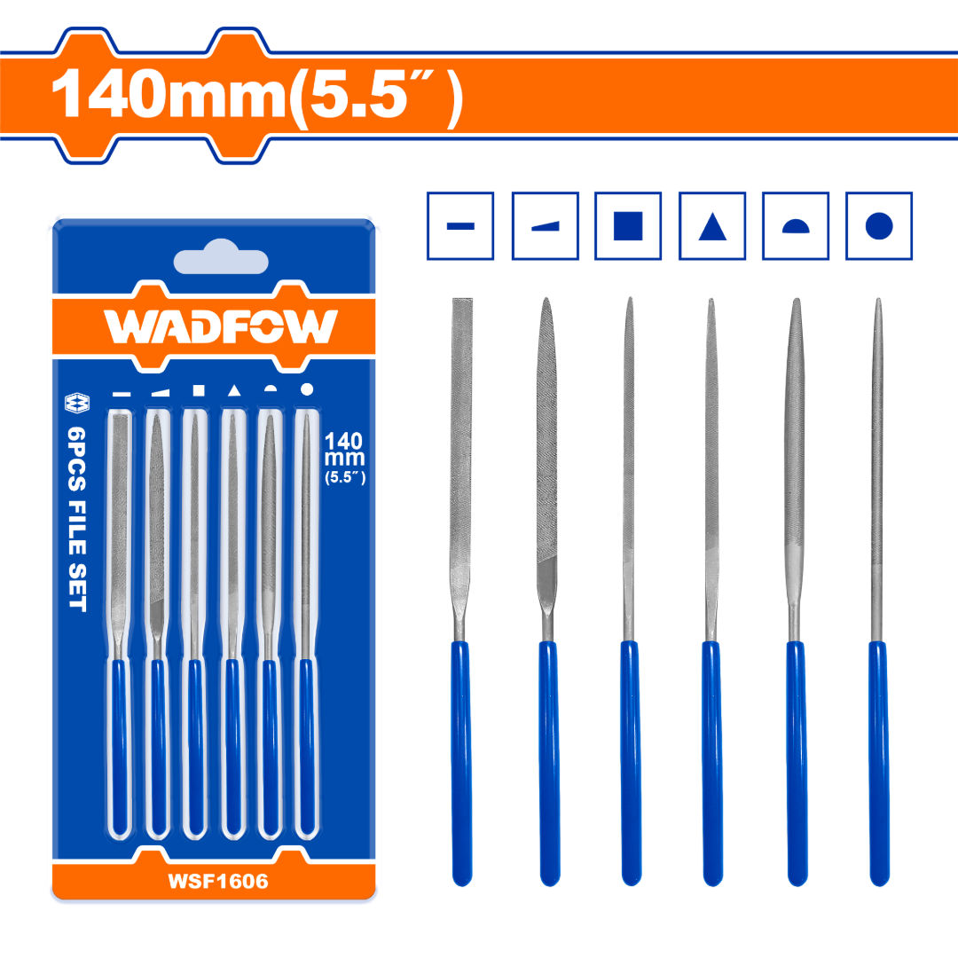 WADFOW 6 Piece File Set 140 mm, Flat, Round, Square, Half-Round, Triangle & Knife Files with Plastic Handles, Sliding Card