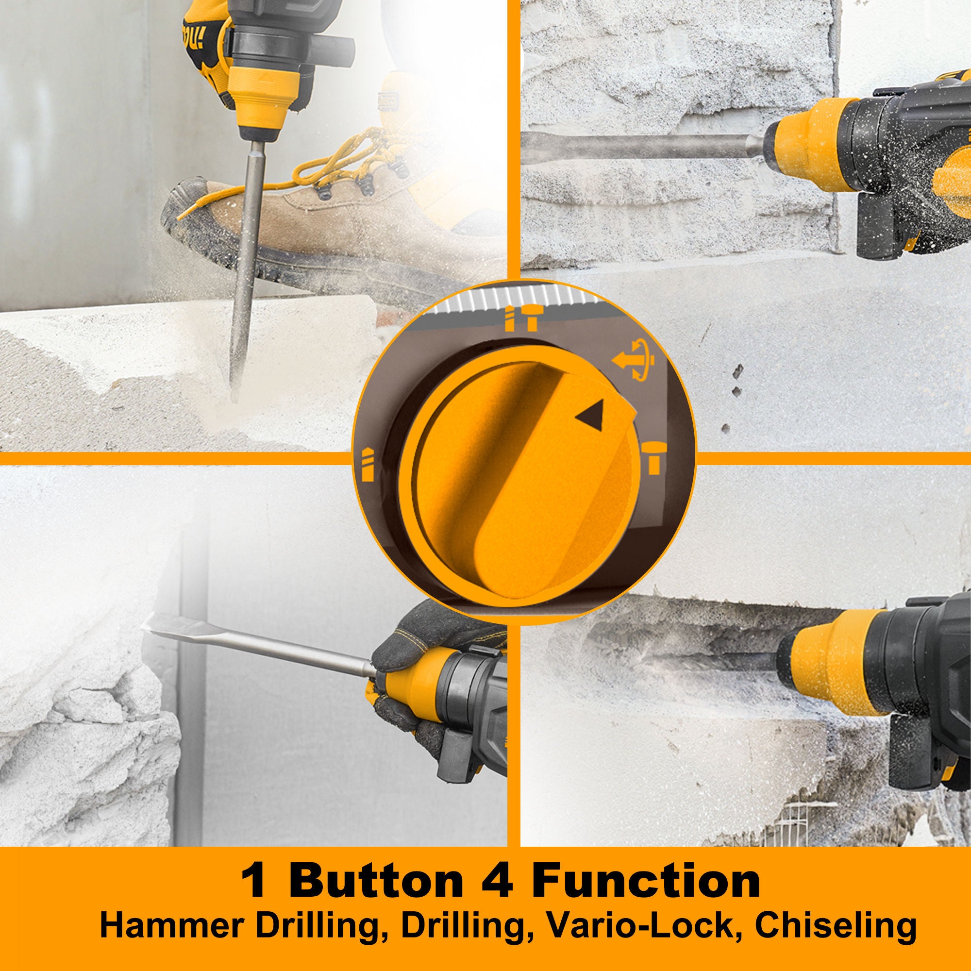 INGCO 20V Brushless Cordless Rotary Hammer Kit, 2.0 J, SDS-Plus, 4.0Ah Battery, Bits & Chisel, Carry Case