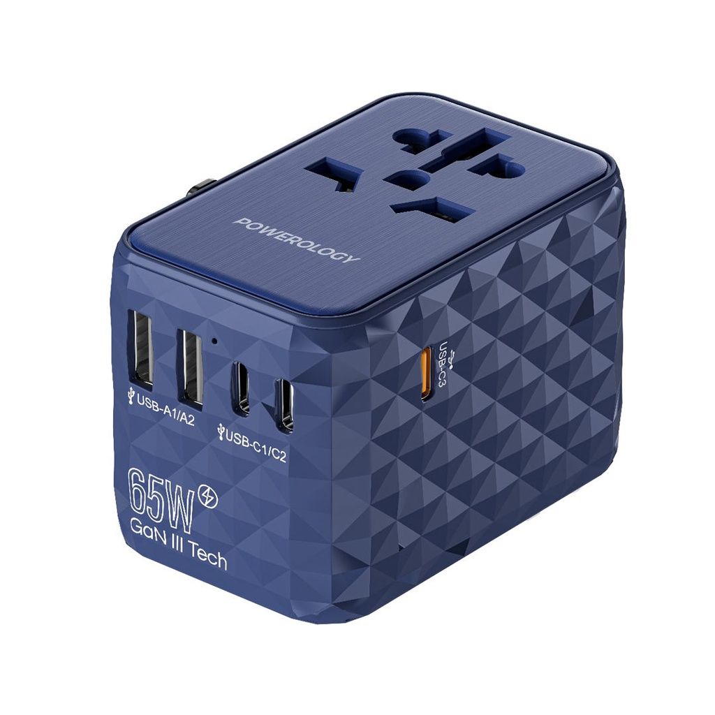 Powerology Universal Multi-Port Travel Adapter 65W, 4 USB-C + USB-A, Fast Charging