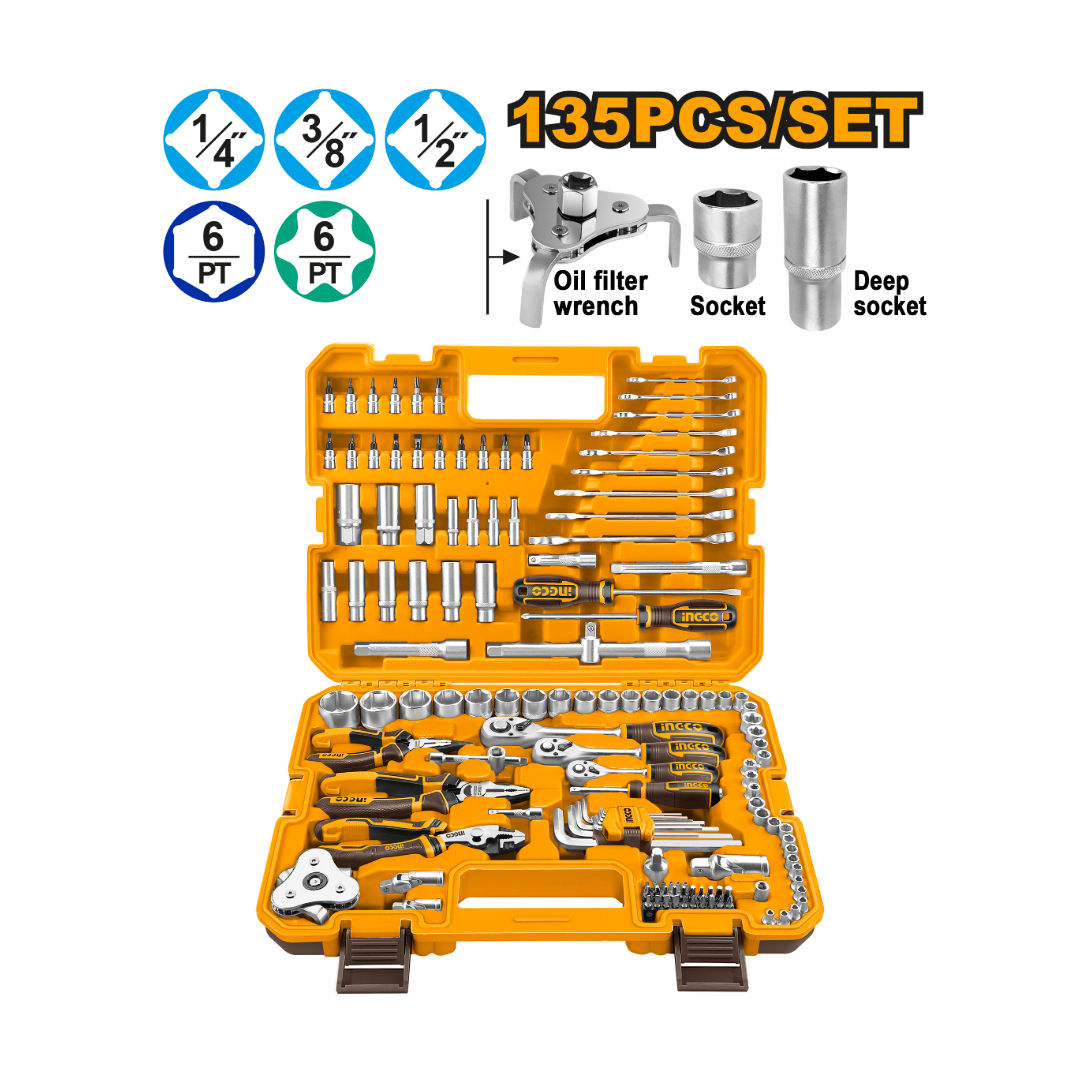 INGCO 135-Piece Combination Mechanics Tool Set, 1/4", 3/8" & 1/2" Drive with Sockets, Spanners & Case