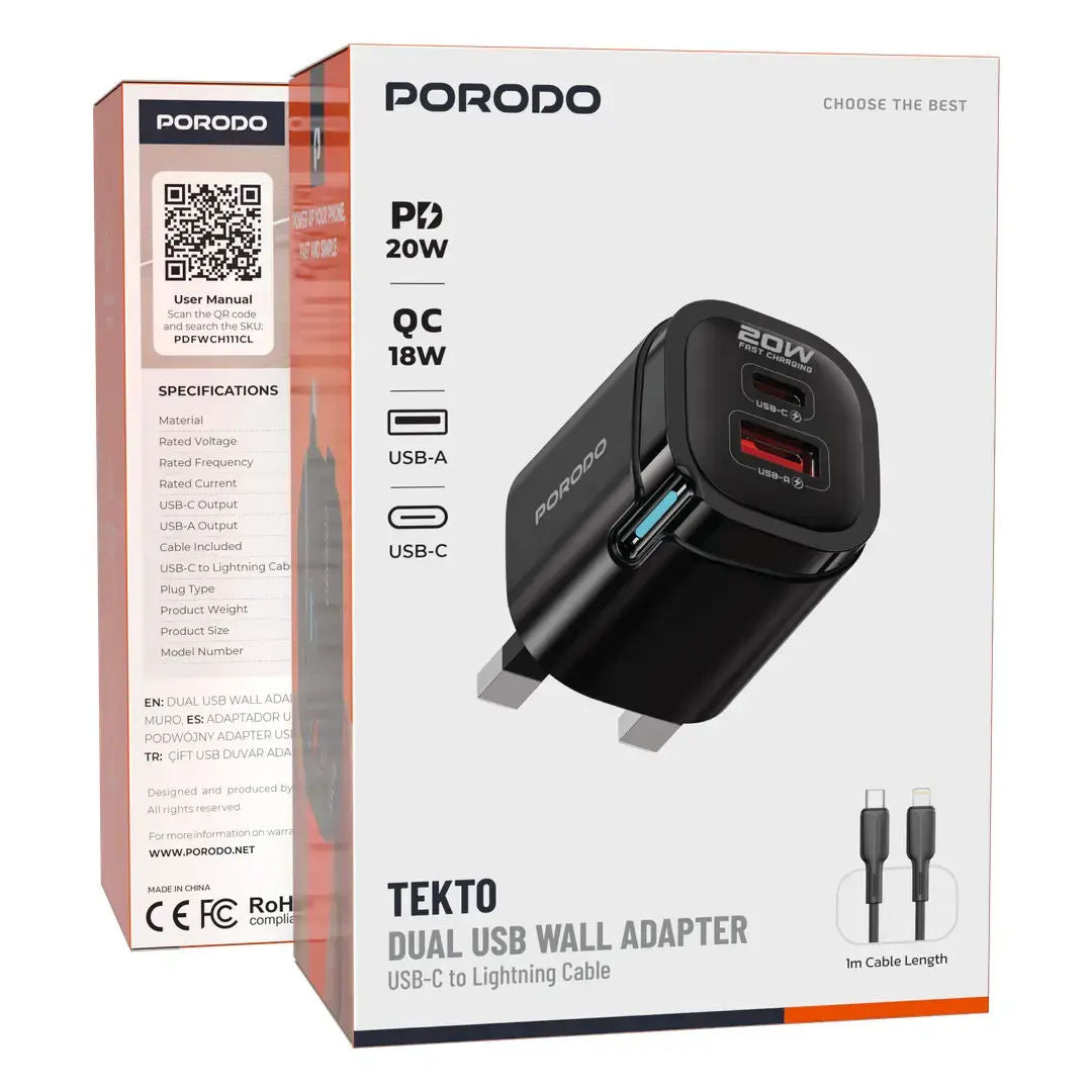 Porodo Tekto Dual Port PD 20W Adapter With Usb-C To Lightning Cable, Black