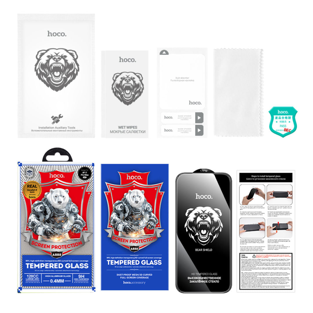 Hoco A888 Bear Shield Series Full Screen HD Tempered Glass for iPhone 18 Pro, iPhone 17 Pro, Full Screen Coverage, HD Visual