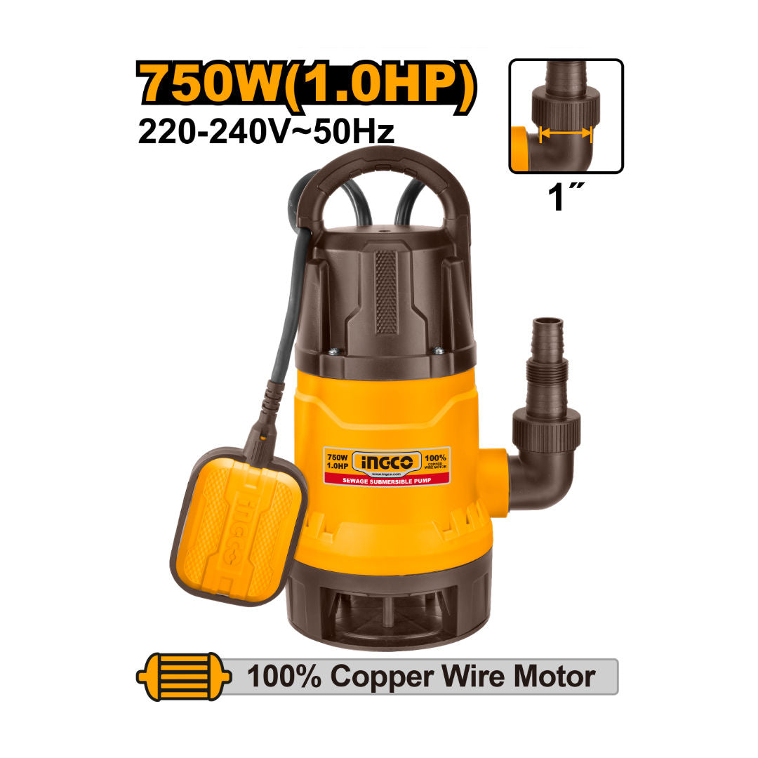 INGCO Sewage Submersible Pump, 750W, 1″ Outlet