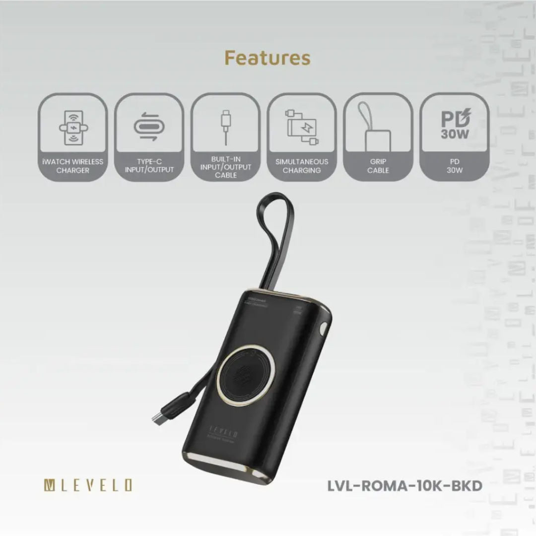 Levelo Roma 10000mAh Power Bank With Integrated Cable & Apple Watch Charger, Fast Charging