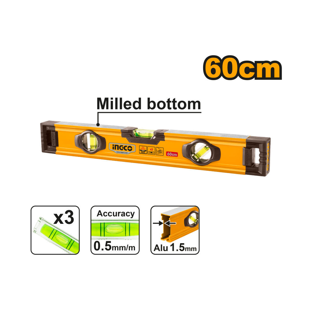 INGCO Spirit Level, Double-milled, 0.5 mm/m vials, 1.5mm Thick