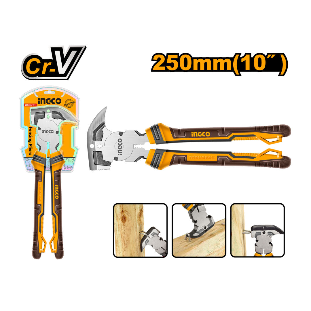 INGCO Fencing Pliers 10", 250mm Heavy-Duty Wire Cutter, Offset Head, Black Finish